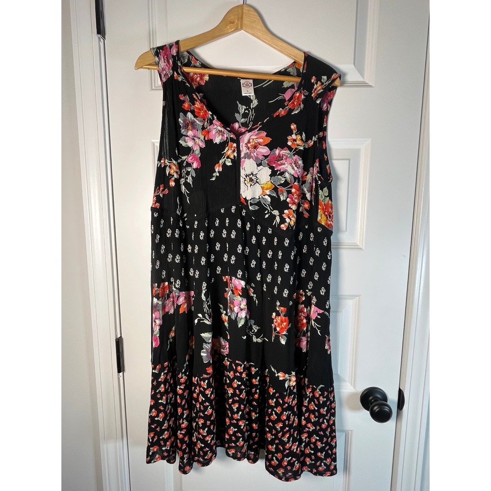 Bila Womens Floral Patchwork Sleeveless Mini Dress Black Rayon V-Neck Large